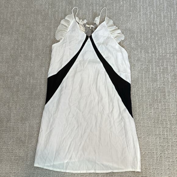 Maje white silk blend mini dress black mesh  accent flutter sleeve sleeveless - Picture 2 of 9